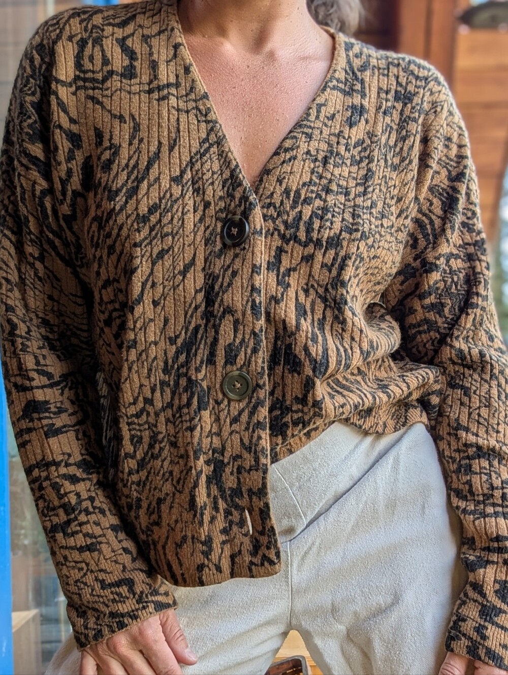 Madewell Brown & Black Patterned V-Neck Button Cardigan